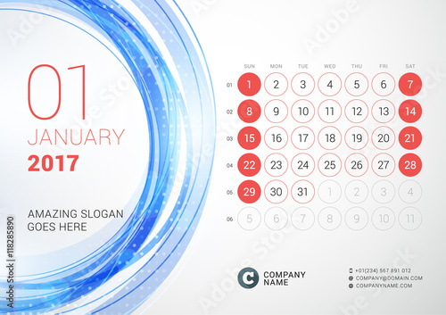 Desk Calendar for 2017 Year. January. Week Starts Sunday. Vector Design Print Template with Abstract Circle Background