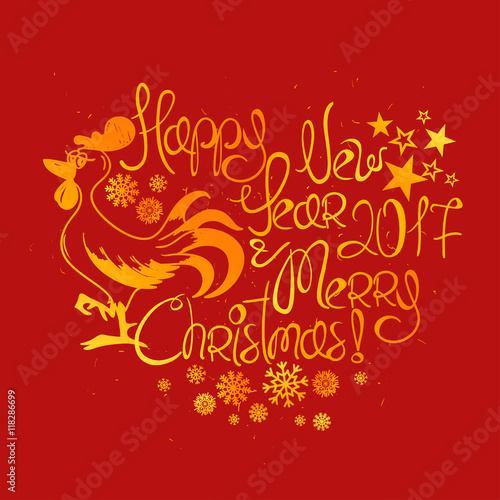 New Year And Christmas Greeting Card With Rooster.