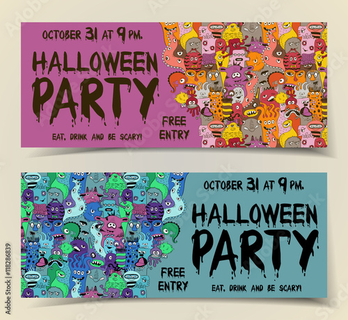 Colorful Set Of Halloween Party Banners With Monsters.