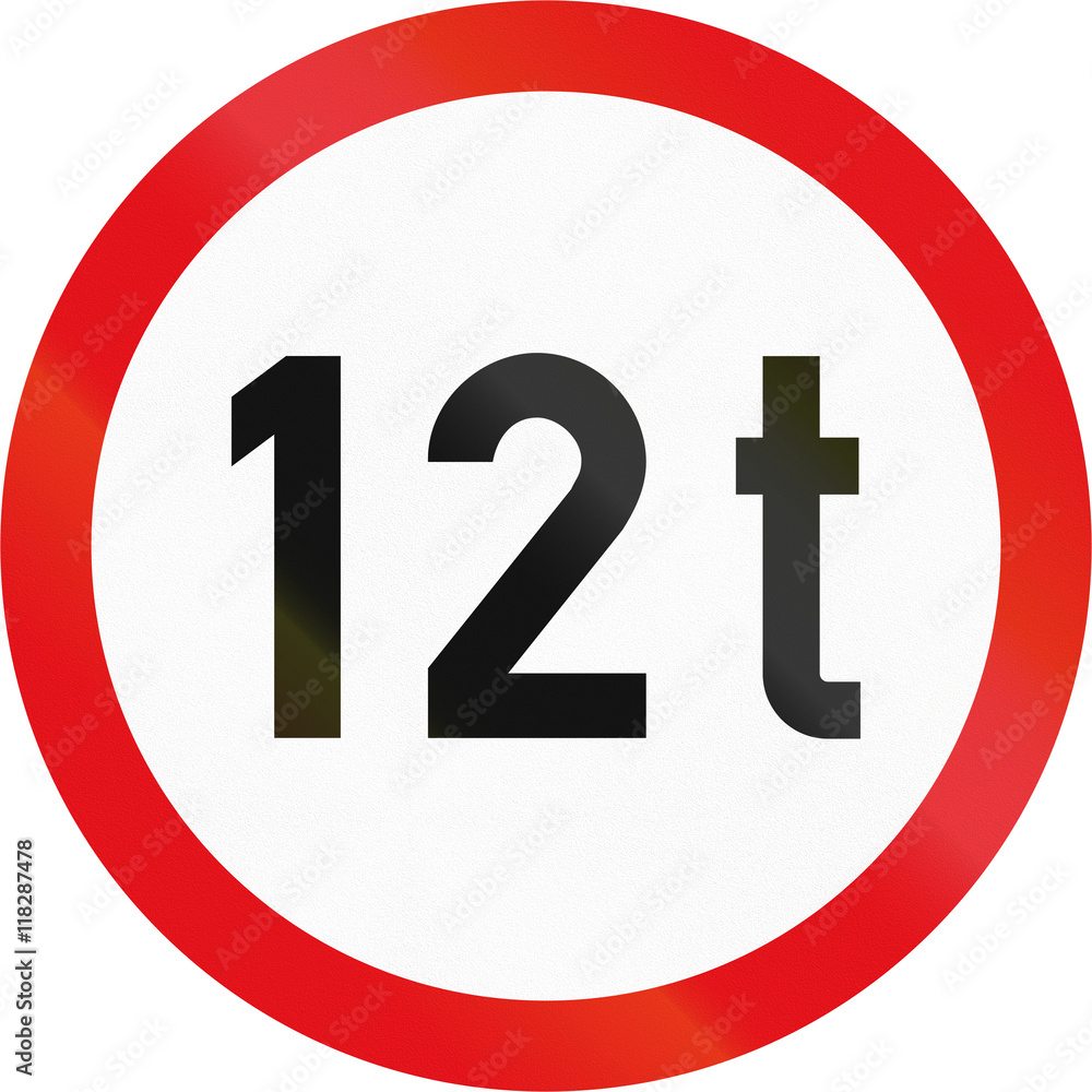 Road sign used in the African country of Botswana - Vehicles exceeding 12 tonnes prohibited Road sign used in the African country of Botswana - Vehicles exceeding 12 tonnes prohibited