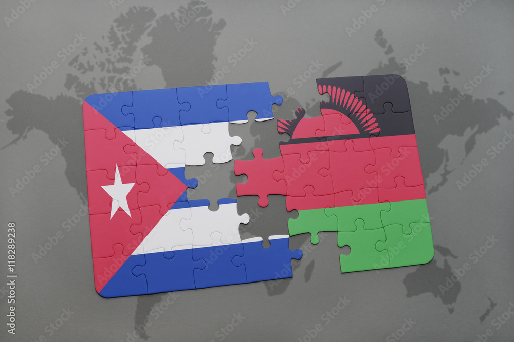 puzzle with the national flag of cuba and malawi on a world map background.