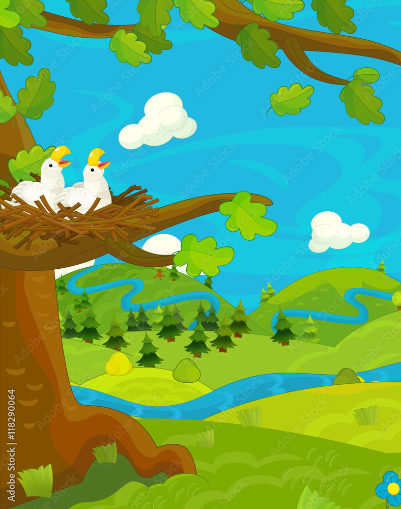 Obraz premium Cartoon happy and funny nature scene - empty stage for different usage - illustration for children