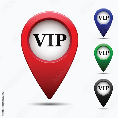 Colored map pointer with symbol vip.  For location maps. Mark icon. Sign for gps navigation. Index location on map. Pointer location. Vector isolated ilustration.
