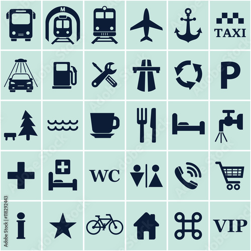 Travel icons set. Different travel sign for design. Transport symbol. Vector isolated illustration 