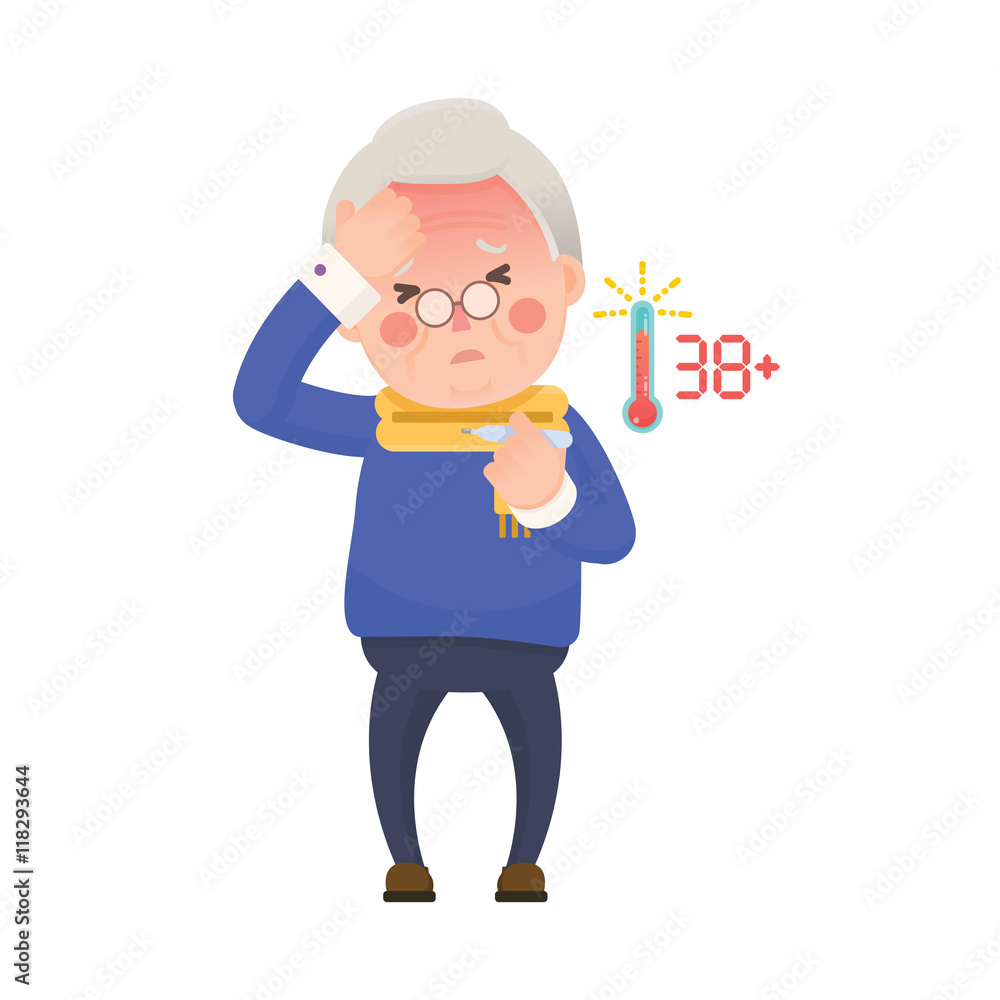 Vector Illustration of Sick Old Man Suffering from a Fever and Checking His Temperature on a Thermometer while Clutching at His Forehead. Cartoon Character. Vector Illustration of Sick Old Man Suffering from a Fever and Checking His Temperature on a Thermometer while Clutching at His Forehead. Cartoon Character.