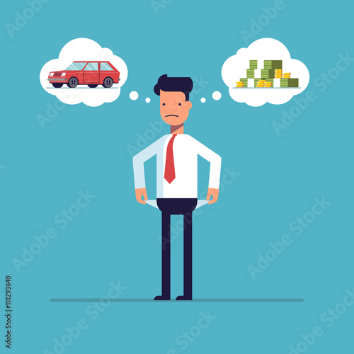 Businessman with no money, bankrupt. Man dreams of a car. The manager thinks about the financial issue. Poor man. A character in a flat style, isolated on a blue background.