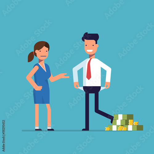 Man cheating woman. Businessman with lots of money evades payment. Financial fraud. Greedy man in trousers and shirt. False bankruptcy. Vector illustration in flat style isolated on a blue background.