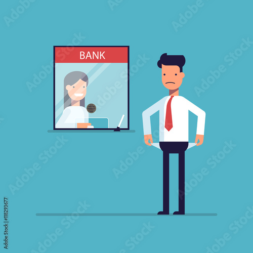 Businessman without money nothing to pay the loan , the debt to the bank. Man is not the money to pay. A man in a difficult financial situation. Banking system. Vector illustration in a flat style.
