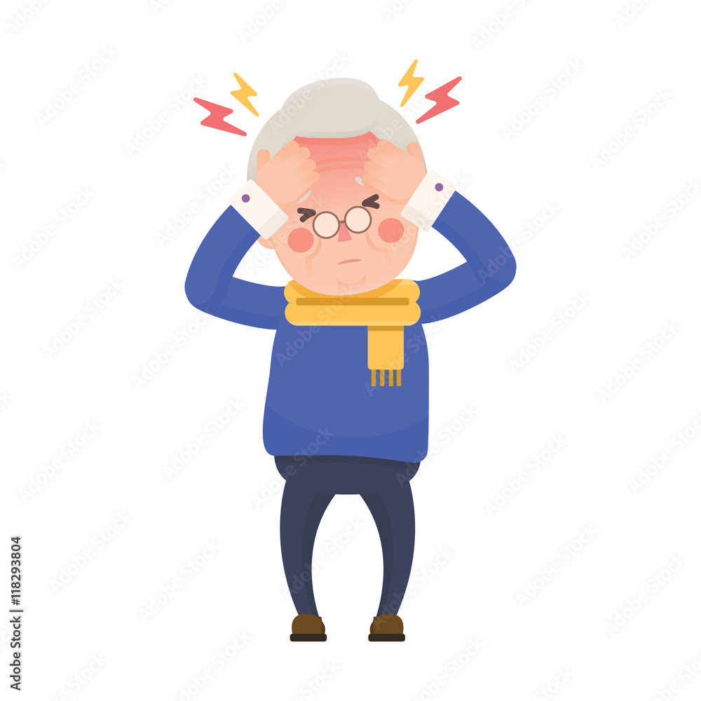 Vector Illustration of Sick Old Man Suffering from a Headache and High Temperature Holding Head in Hands. Cartoon Character.
