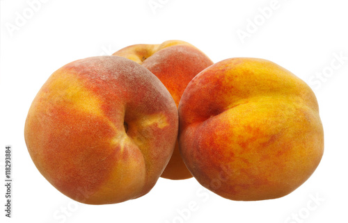 Delicious juicy ripe fresh peaches on white background