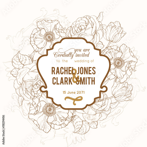 Vector Vintage Brown Frame Floral Drawing Wedding Invitation With Tulips, Pop...