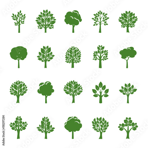 Set of Green Trees and Leafs. Vector Illustration.