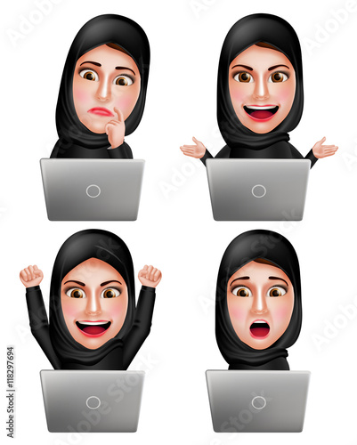 Muslim arab woman vector characters set working with laptop wearing hijab or head scarf with facial expression isolated in white background. Vector illustration.