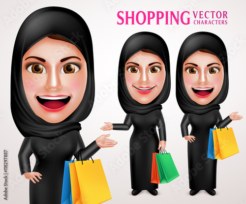 Beautiful muslim woman vector character set holding colorful shopping bags enjoy shopping wearing abaya or black dress in white background. Vector illustration.