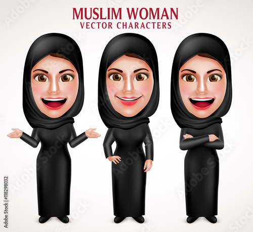 Muslim woman vector characters set wearing  hijab black clothes with different pose and hand gestures in white background. Vector illustration.