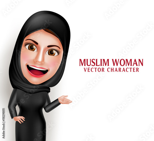 Muslim woman vector character presenting in empty white space with friendly beautiful smile wearing hijab and islamic clothing standing in white background. Vector illustration.