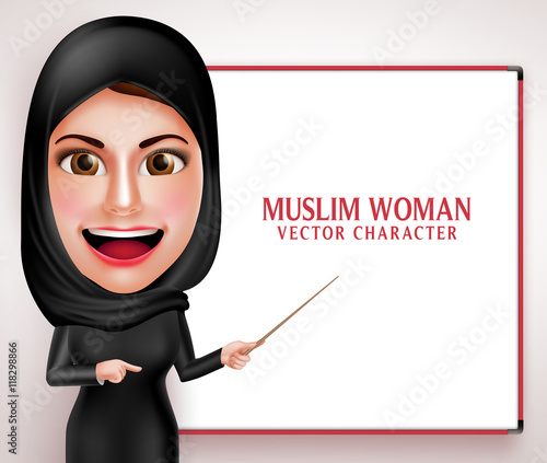 Muslim woman vector character presenting or teaching in white board with friendly beautiful smile wearing hijab and islamic clothing.  Vector illustration.