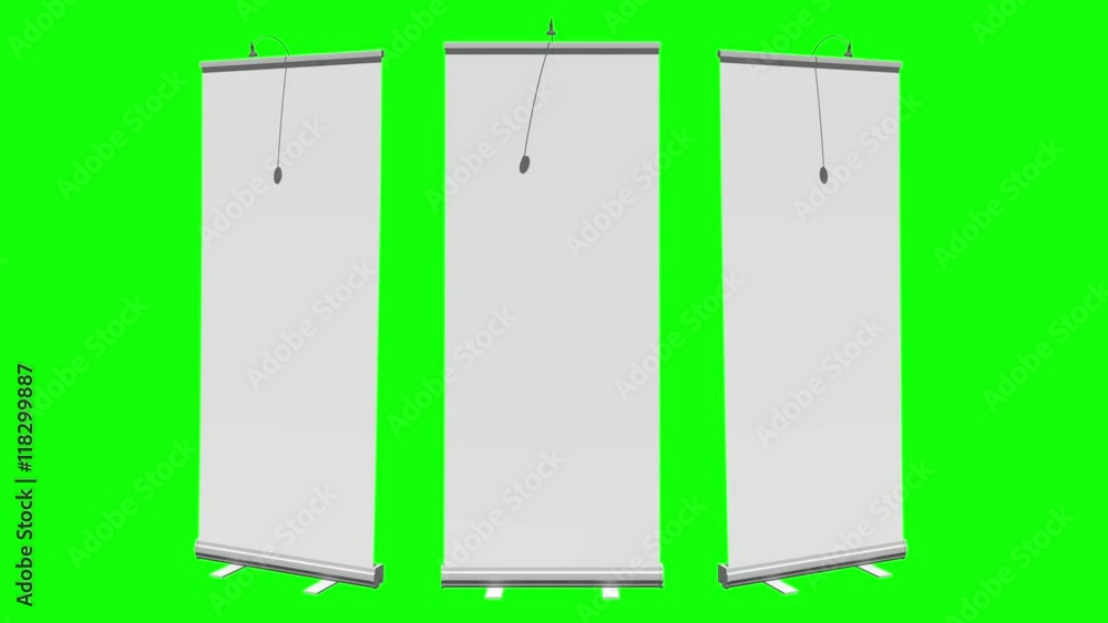 Blank Roll Up Banner Stand Expanded. Trade show booth white and blank. 3d motion graphic on green screen chroma key background. Available in 4K FullHD and HD video render footage. Blank Roll Up Banner Stand Expanded. Trade show booth white and blank. 3d motion graphic on green screen chroma key background. Available in 4K FullHD and HD video render footage.