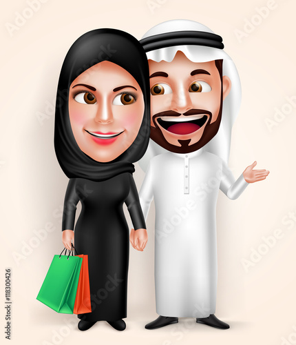 Muslim arab young couple vector characters wearing traditional emirati dress happy holding hands while holding bags and shopping. Vector illustration.