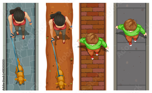 Aerial view of people walking on pavement