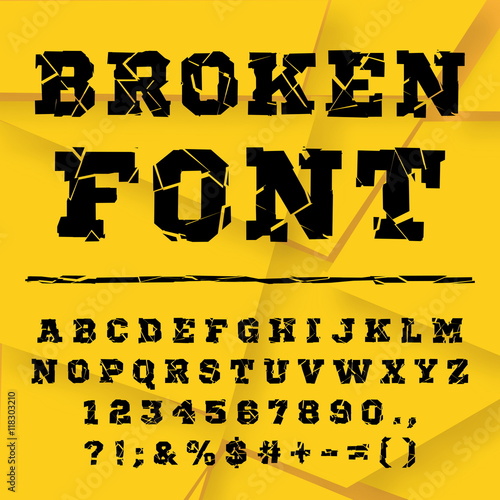 Black font from the broken into fragments letters. Broken alphabet. Crash letters. Decorative alphabet. Stencil type. Full set.