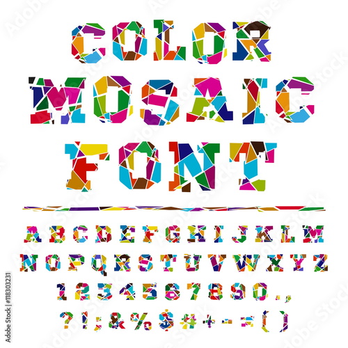 Broken colored font on a light background. Colored font from the broken into fragments letters. Crash  alphabet on a light background. Broken letters. Decorative alphabet. Stencil type. Full set.