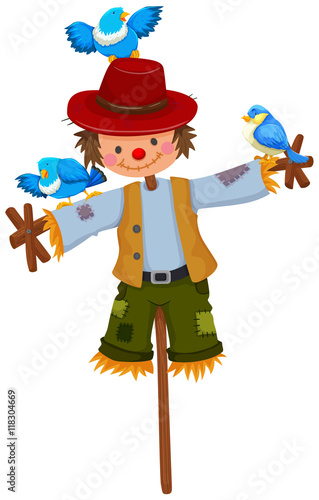Scarecrow on stick with blue birds