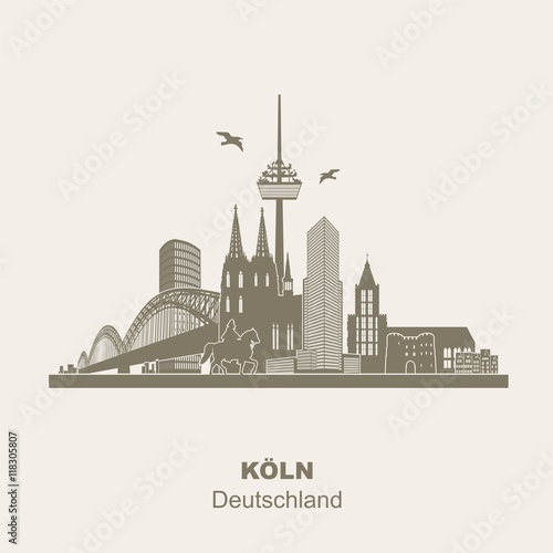 Köln Panorama Skyline Wandtatoo Sehenswürdigkeiten Kölner Dom Hohenzollernbrücke Rathaus Triangle Stadtansicht Städtetour Tourismus beige braun Vintage Look