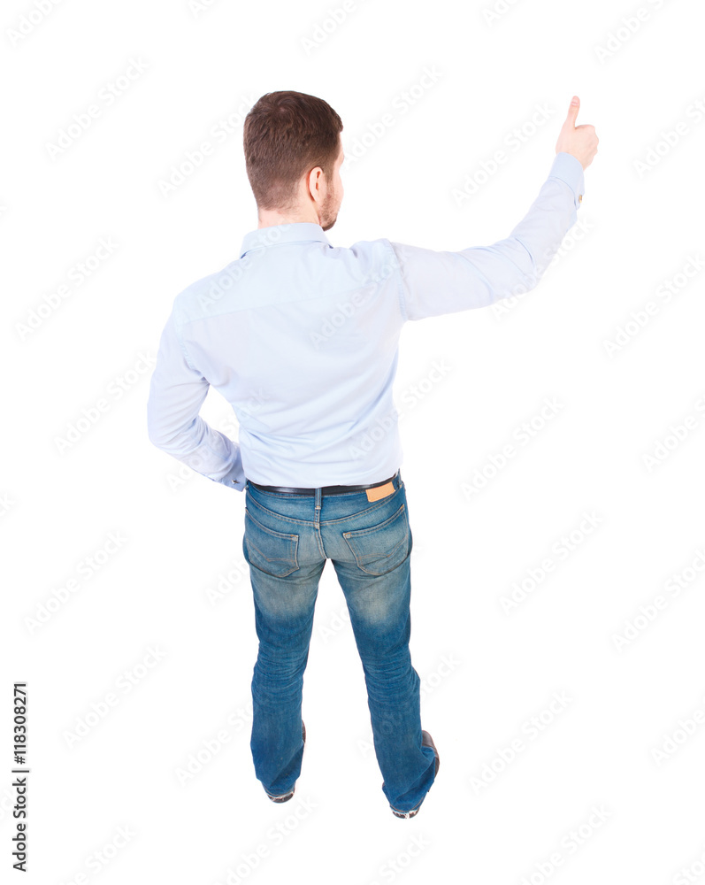 Back view of business man shows thumbs up. Rear view people collection. cheerful office worker shows positive emotions. backside view of person. Isolated over white background. businessman in Back view of business man shows thumbs up. Rear view people collection. cheerful office worker shows positive emotions. backside view of person. Isolated over white background. businessman in