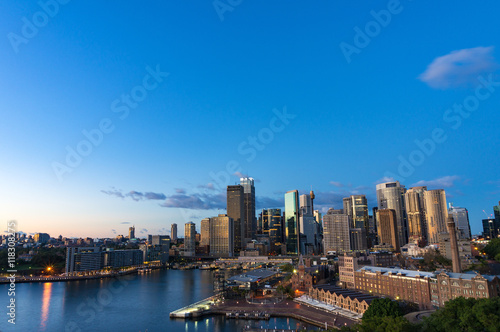 Aerial view of Sydney Central Business District skyscrapers on dusk. Urban landscape view from above. Circular Quay  Australia