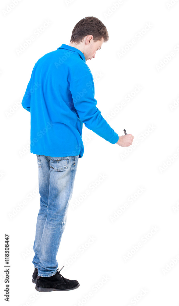 back view of writing business man. Rear view people collection. backside view of person. Isolated over white background. Curly boy in the blue jacket writes below. back view of writing business man. Rear view people collection. backside view of person. Isolated over white background. Curly boy in the blue jacket writes below.