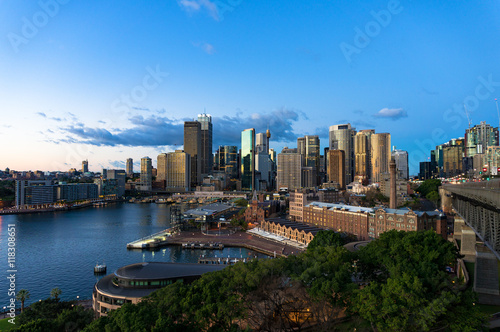 Central Business District skyscrapers on sunrise. Urban landscape view from above. Circular Quay, Sydney, Australia