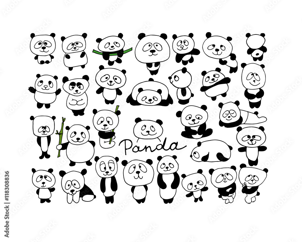 Fototapeta premium Funny pandas collection, sketch for your design