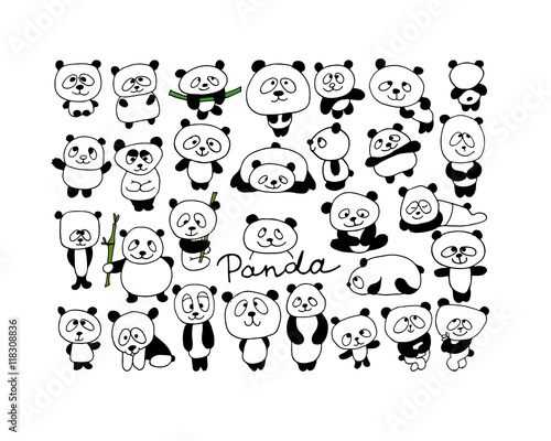 Fototapeta Naklejka Na Ścianę i Meble -  Funny pandas collection, sketch for your design