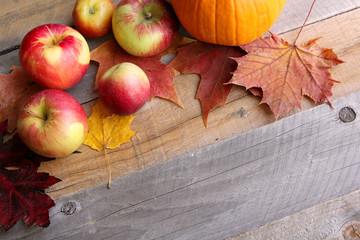 Apples and Sugar Maple Leaves Bordering Rustic Wood Background
