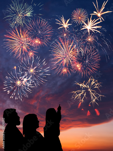 Obraz na plátně Happy family looks fireworks