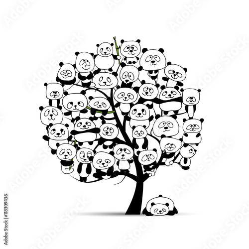 Fototapeta Naklejka Na Ścianę i Meble -  Tree with funny pandas, sketch for your design