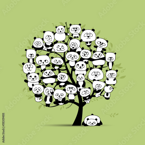 Fototapeta Naklejka Na Ścianę i Meble -  Tree with funny pandas, sketch for your design