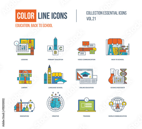 Color thin Line icons set. Primary education, back to school