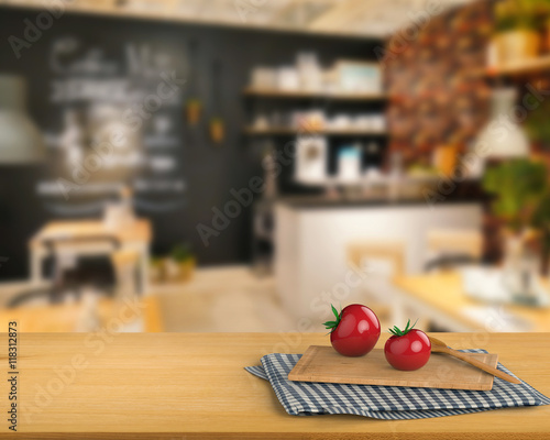 Canvastavla wooden counter top with tomato and chopping board on kitchen cabinet background
