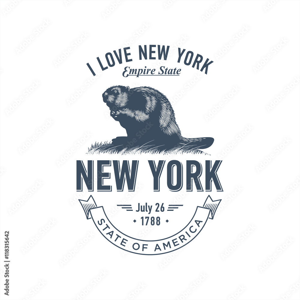 Нью-Йорк, стилизованная эмблема штата Америки, бобёр в синем цвете - obrazy, fototapety, plakaty 