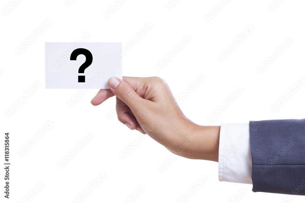 Businessman hand showing someone his business card with Question mark Businessman hand showing someone his business card with Question mark