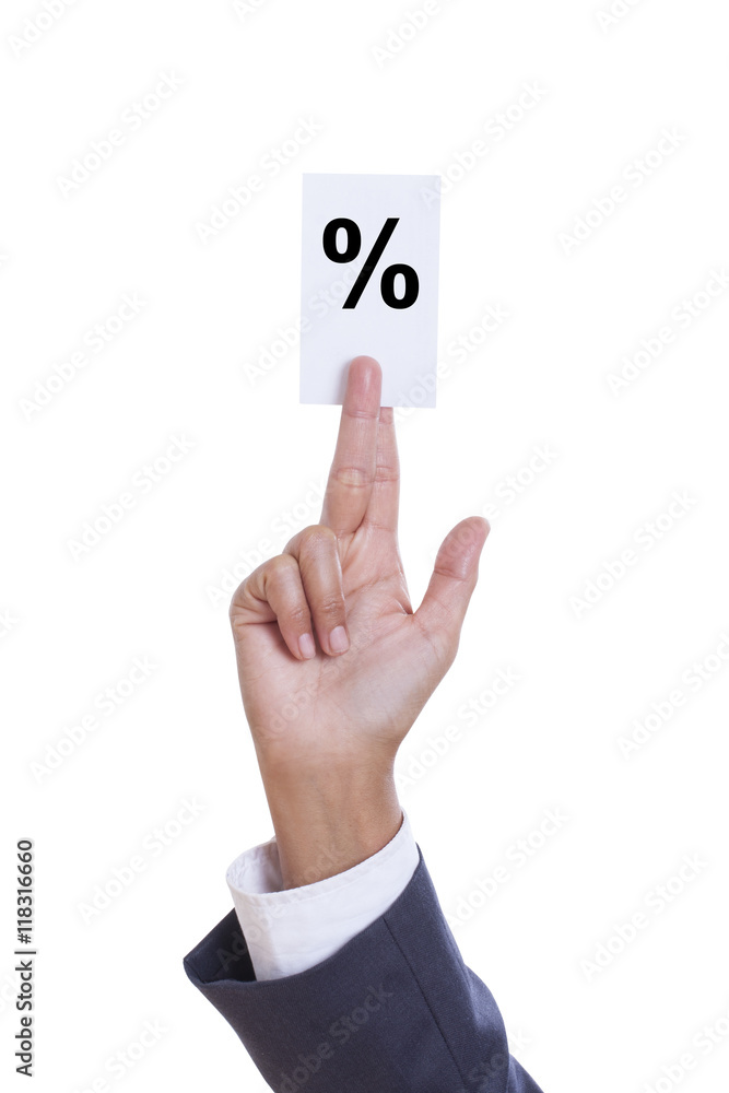 Businessman hand showing someone his business card with percent, percentage, interest. Businessman hand showing someone his business card with percent, percentage, interest.