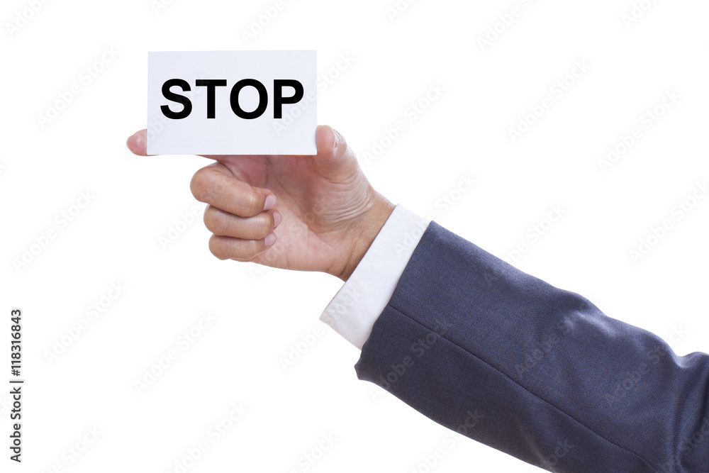 Businessman showing stop sign on white background Businessman showing stop sign on white background