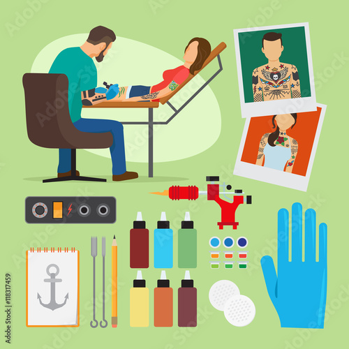 Tattoo studio vector illustration. Tattooist artist paint woman body with tattooing machine