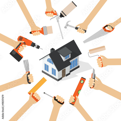 Hands with home repair diy renovation housework tools flat vector illustration with isometric house