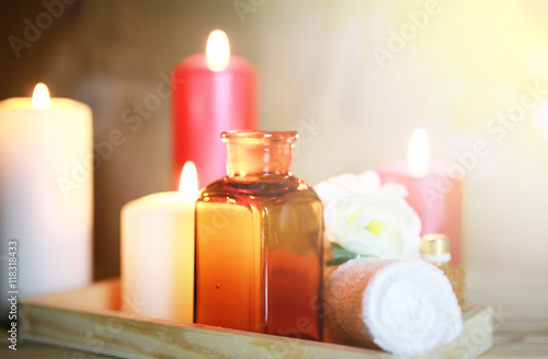 Spa accessories candle and bottle