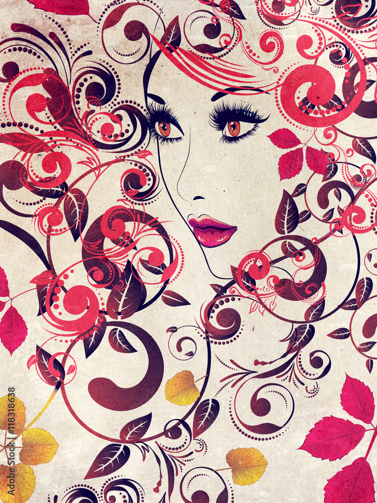 Fototapeta premium Autumn Girl with Floral Grunge