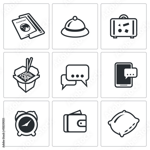 Vector Set of Travel Icons. Visa, Hotel, Baggage, Food, Excursion, Booking, Date trip, Finance, Lodging.