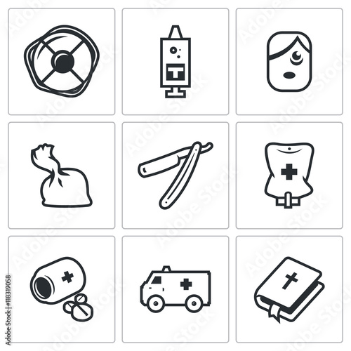 Vector Set of Drug Overdose Icons. Help, Dose, Addict, Heroin, Shaver, Hospital, Medicine, Ambulance, Religion.